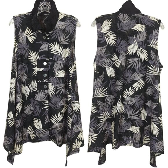 Damee sleeveless button front tropical leaf black gray asymmetrical Tunic M - Picture 1 of 15